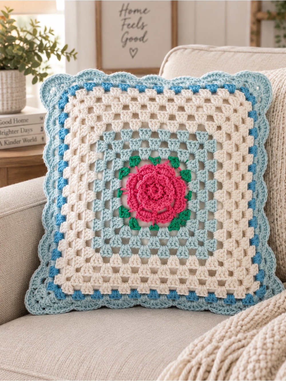 Vintage Handmade Crochet Rose Decorative Cover Pink Blue Granny Chic Cottagecore